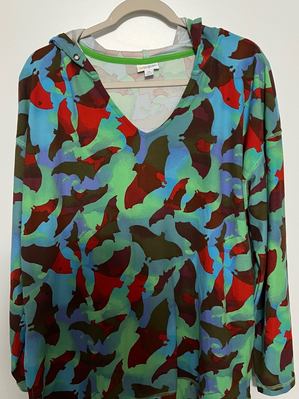 LuLaRoe Multicolor V-Neck Hooded Top in Blue, Green & Red